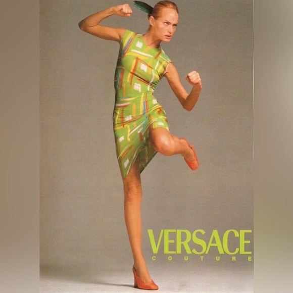 Vintage Versace 1996 Silk Jersey Abstract Print Lime Green Sleeveless Mini Dress - Picture 1 of 13